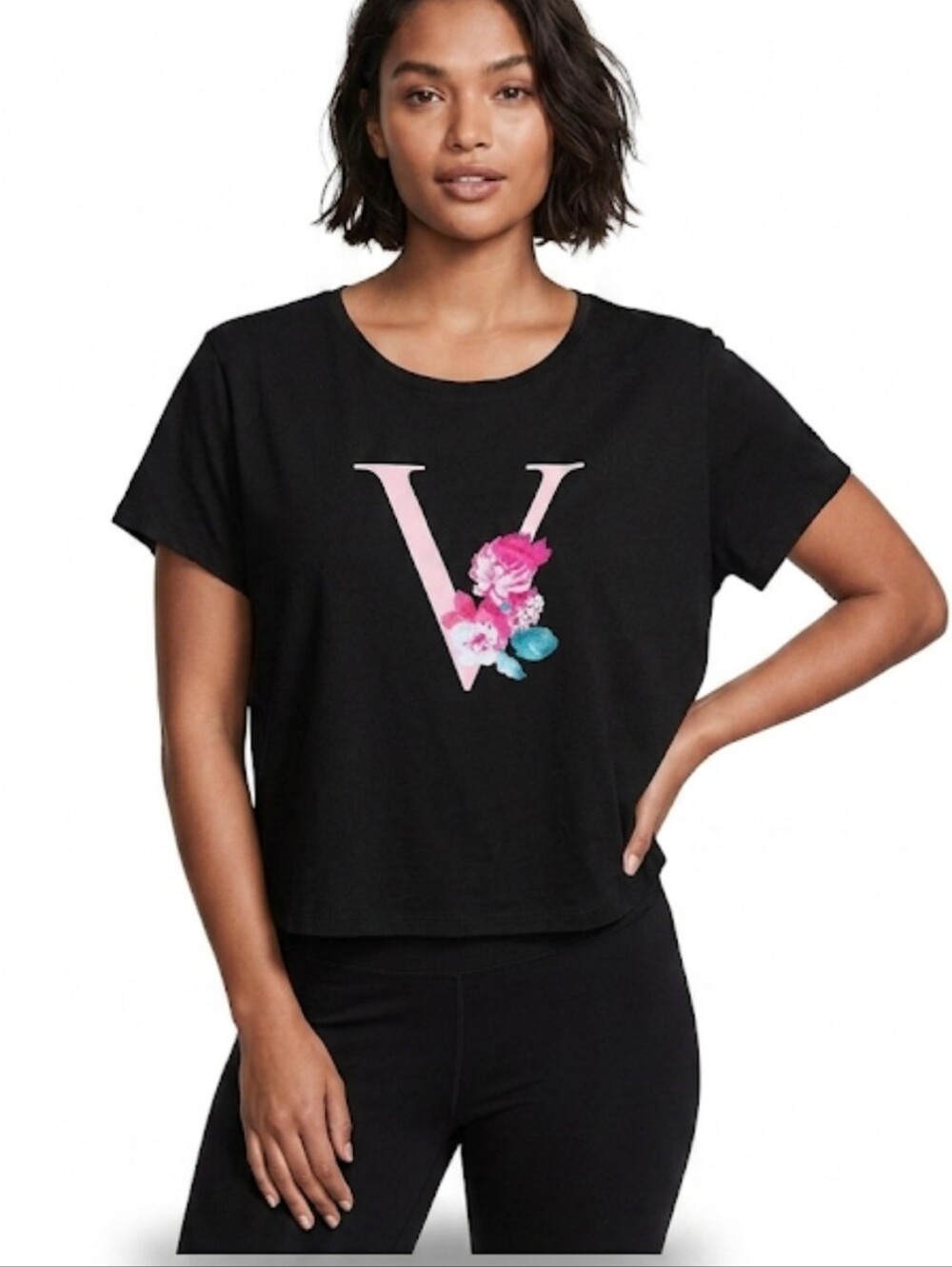 Victoria's Secret Black Floral Logo "V" Graphic T-shirt